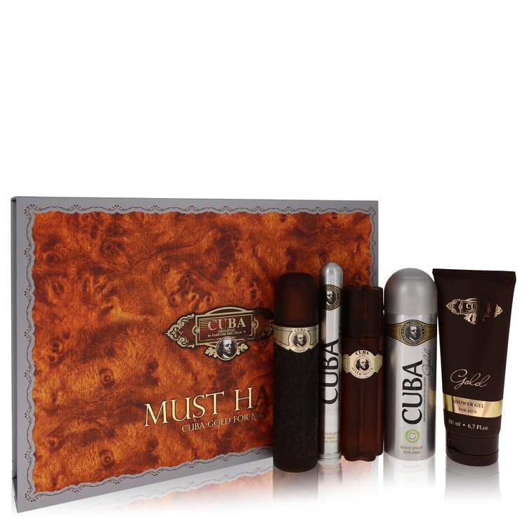 Cuba Gold by Fragluxe Gift Set -- 3.3 oz Eau De Toilette Spray + 3.3 oz After Shave Spray + 6.7 oz Body Deodorant Spray + 6.7 oz Shower Gel +  1.17 oz EDT Spray