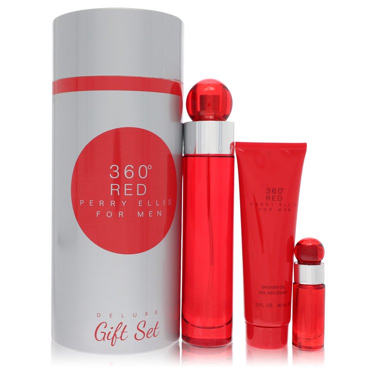 Perry Ellis 360 Red by Perry Ellis Gift Set -- 3.4 oz Eau De Toilette Spray + .25 oz Mini EDT Spray + 3 oz Shower Gel in Tube Box