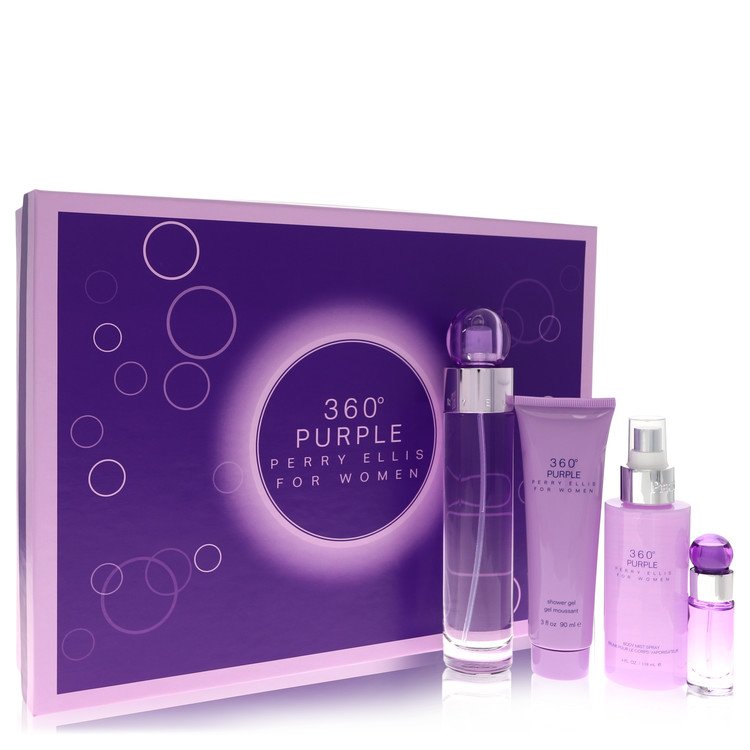 Perry Ellis 360 Purple by Perry Ellis Gift Set -- 3.4 oz Eau De Parfum Spray + .25 oz Mini EDP Spray + 4 oz Body Mist Spray + 3 oz Shower Gel