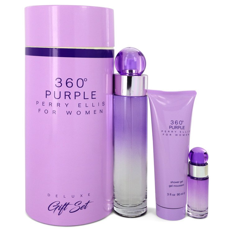 Perry Ellis 360 Purple by Perry Ellis Gift Set -- 3.4 oz Eau De Parfum Spray + .25 oz Mini EDP Spray + 3 oz Shower Gel