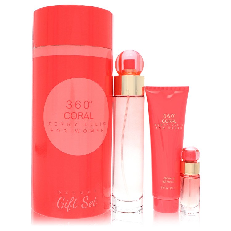 Perry Ellis 360 Coral by Perry Ellis Gift Set -- 3.4 oz Eau de Parfum Spray + .25 oz Mini EDP Spray + 3 oz Shower Gel