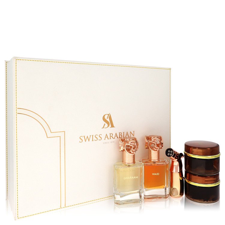 Swiss Arabian Bakhoor Dukhoon Al Haram by Swiss Arabian Gift Set -- Gift Set contains 2 x 1.7 oz Eau De Parfum in Wajd & Gharaam + 2 x 60 grams of Incense in Dukhoon Al Haram & Oud Muattar Mumtaz